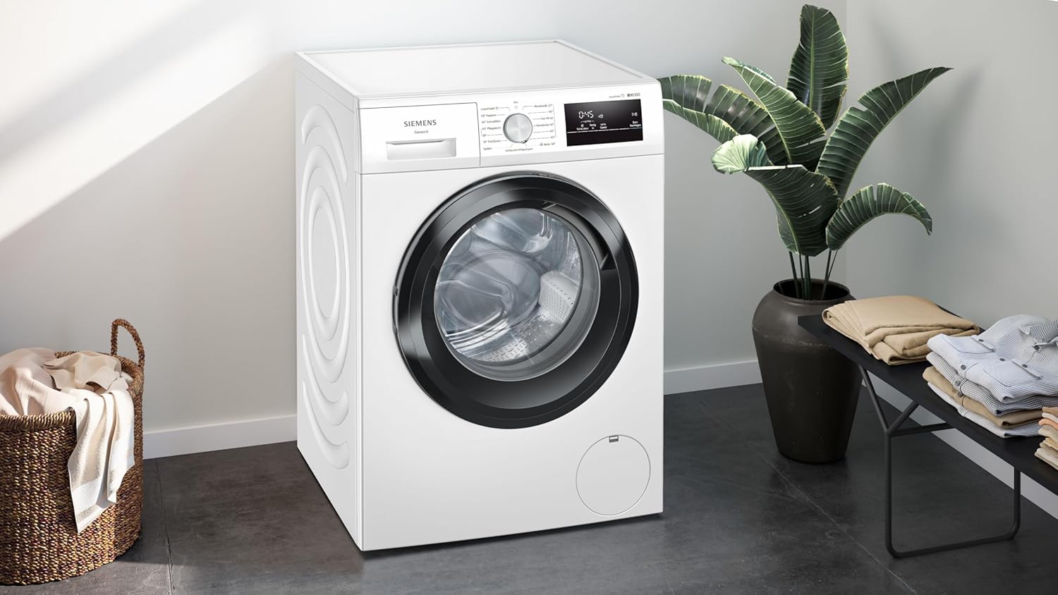 Siemens WM14N001 Waschmaschine iQ300, Frontlader mit 8kg Fassungsvermögen, 1400 UpM, speedPack L, smartFinish, LED-Display, iQdrive, Weiß, 60cm