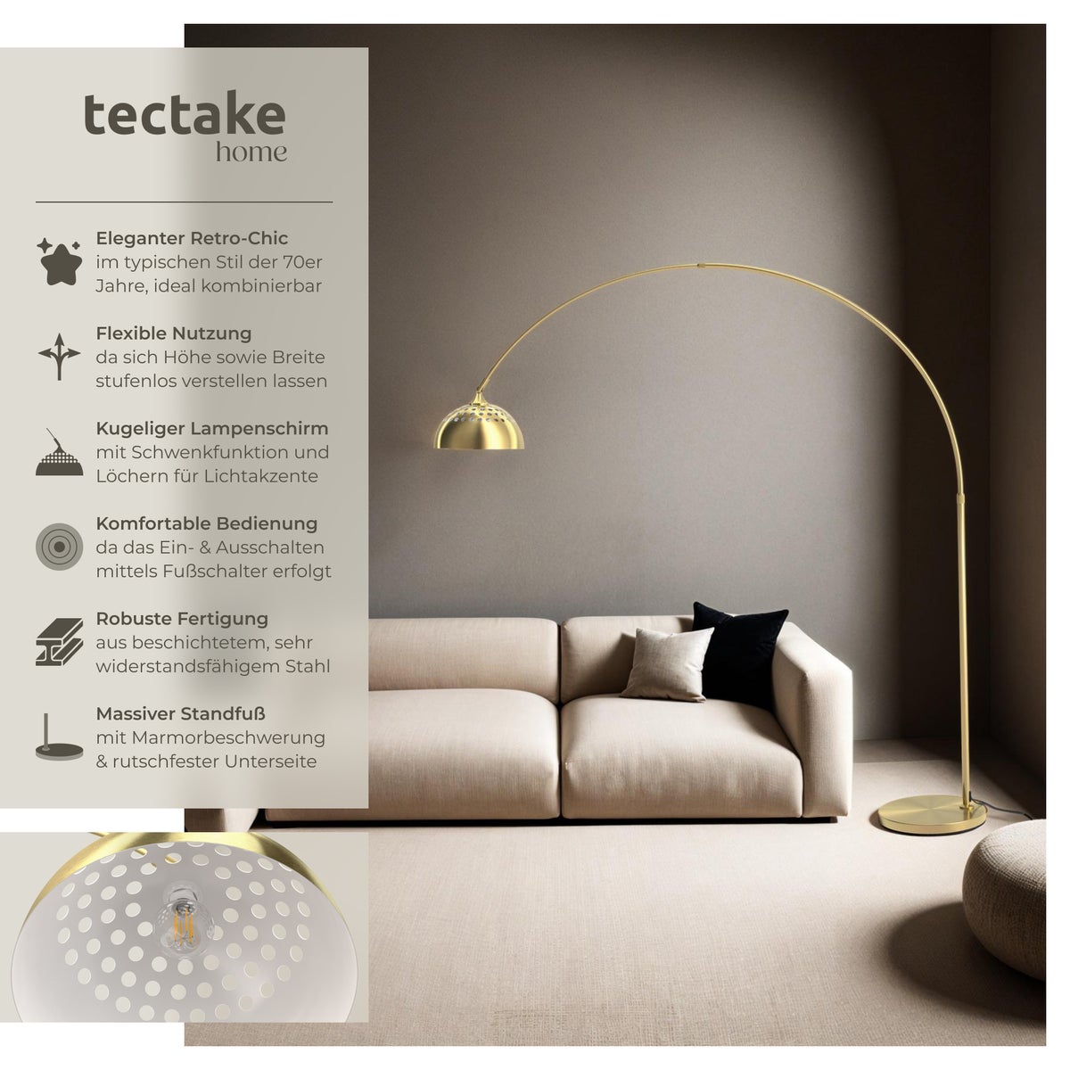 tectake Arcus booglamp, jaren 70 retrostijl, hoogte verstelbaar 187 - 206 cm