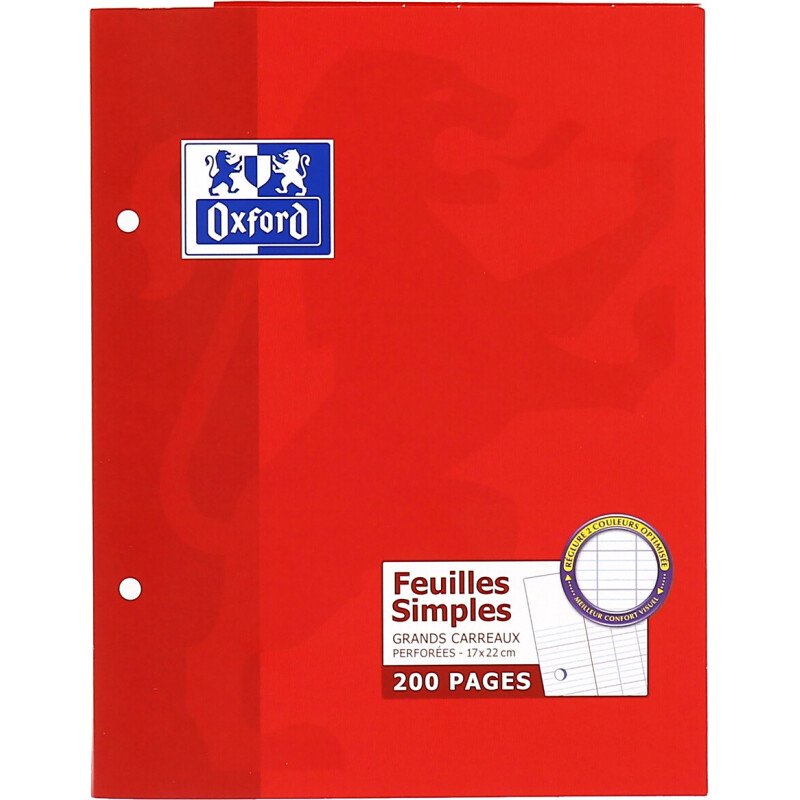 Feuilles simples Oxford 17x22cm grands carreaux Seyès 200 pages étui carte rouge