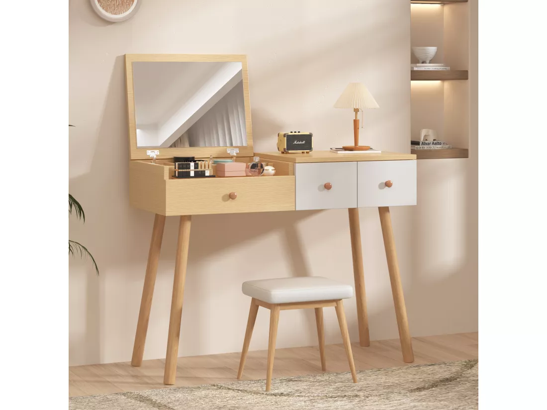 Coiffeuse avec miroir avec tiroirs et espace de rangement divisé - 100 x 78 x 40 cm - Panneaux de particules - Coloris naturel