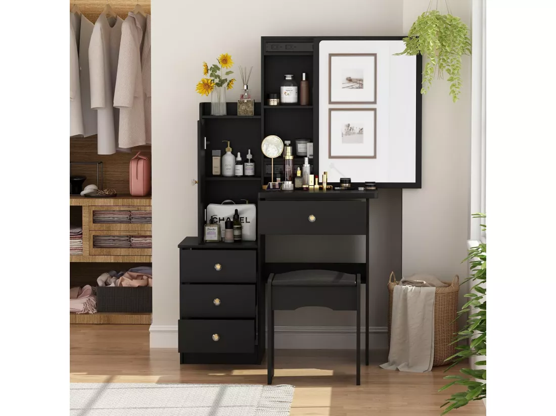 Coiffeuse avec miroir et 4 tiroirs Tabouret 90x40x135cm Noir