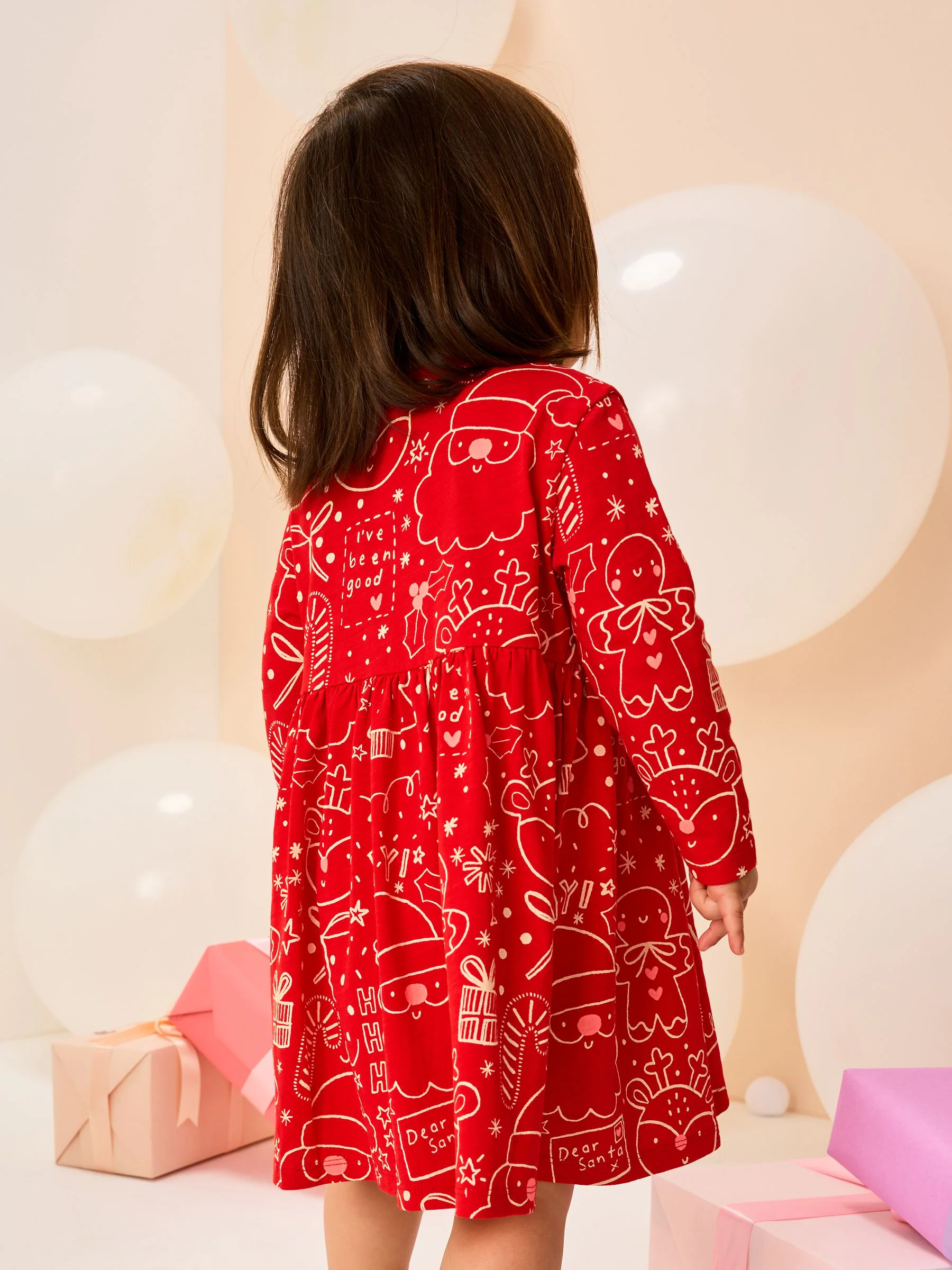 Rood - Kerstjurk met lange mouwen en figuurtje (3mnd-7jr)