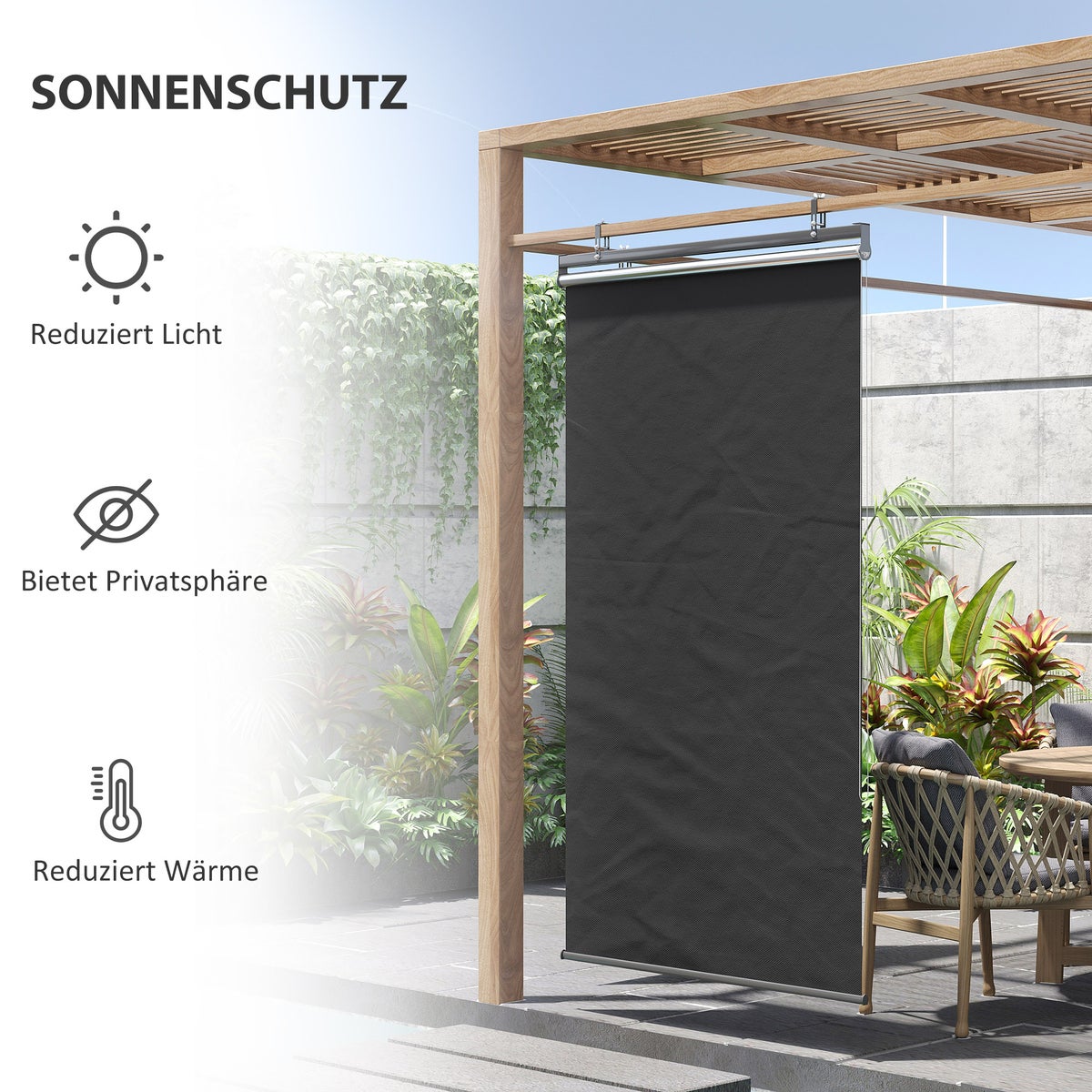 Outsunny verticale zonnescherm, balkonscherm met zonwering, haken, 124 x 222 cm, polyester, donkergrijs