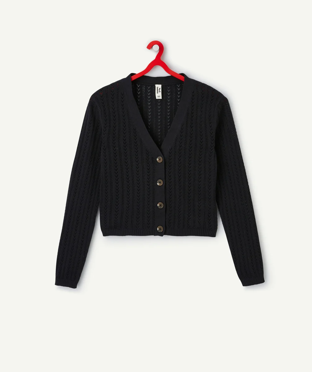 gilet ajouré fille en coton bio noir col v