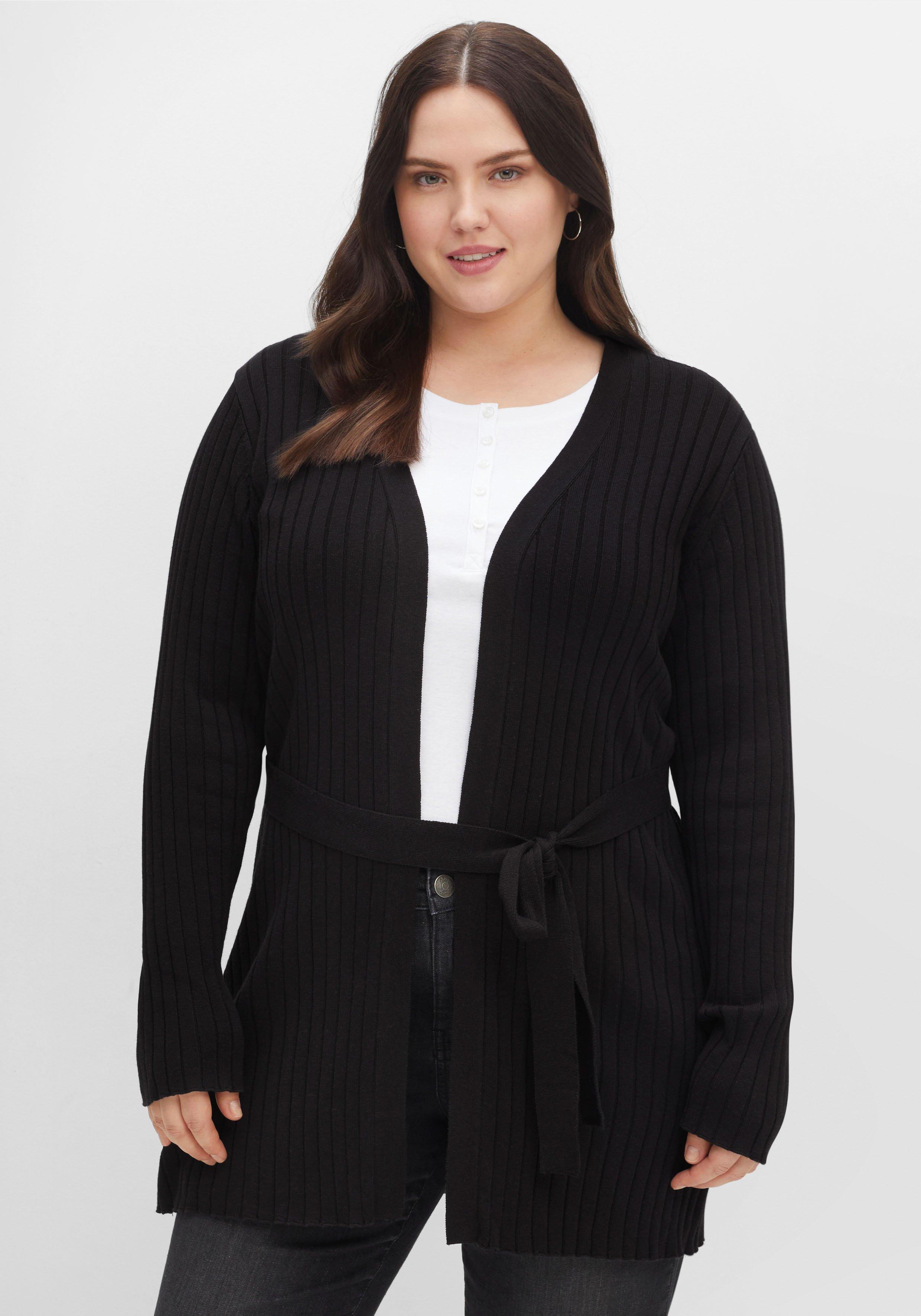Longstrickjacke im Rippstrickmuster, mit Bindegürtel