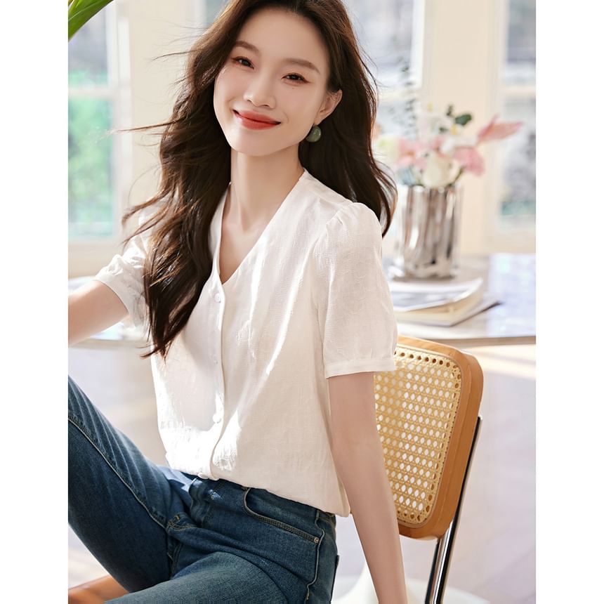 Jeonseon - Blouse met korte mouwen, V-hals en bloemenprint