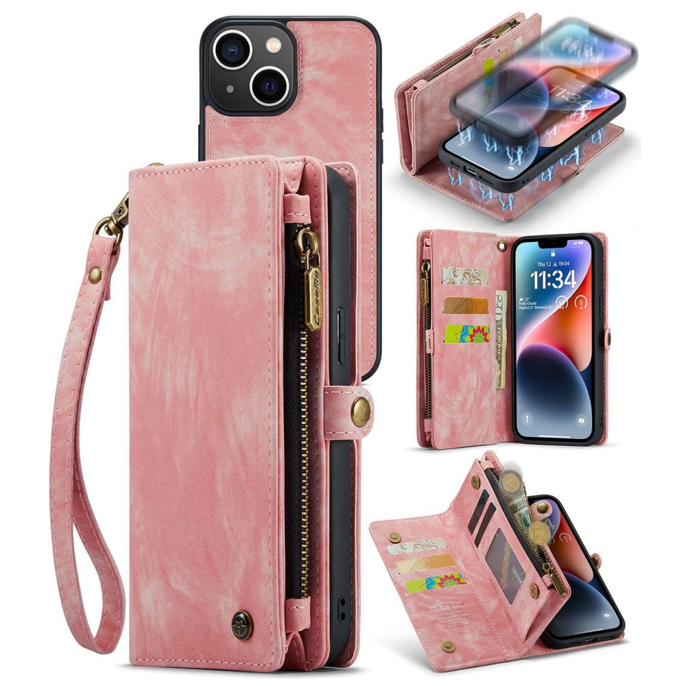 iPhone 14 2in1 Leder Tasche   Magnet Hardcase Karten Etui - Rosa