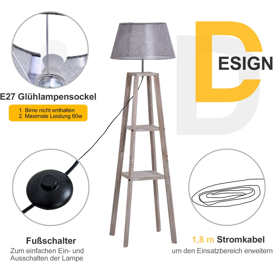 HOMCOM Stehlampe im skandinavischen Stil grau