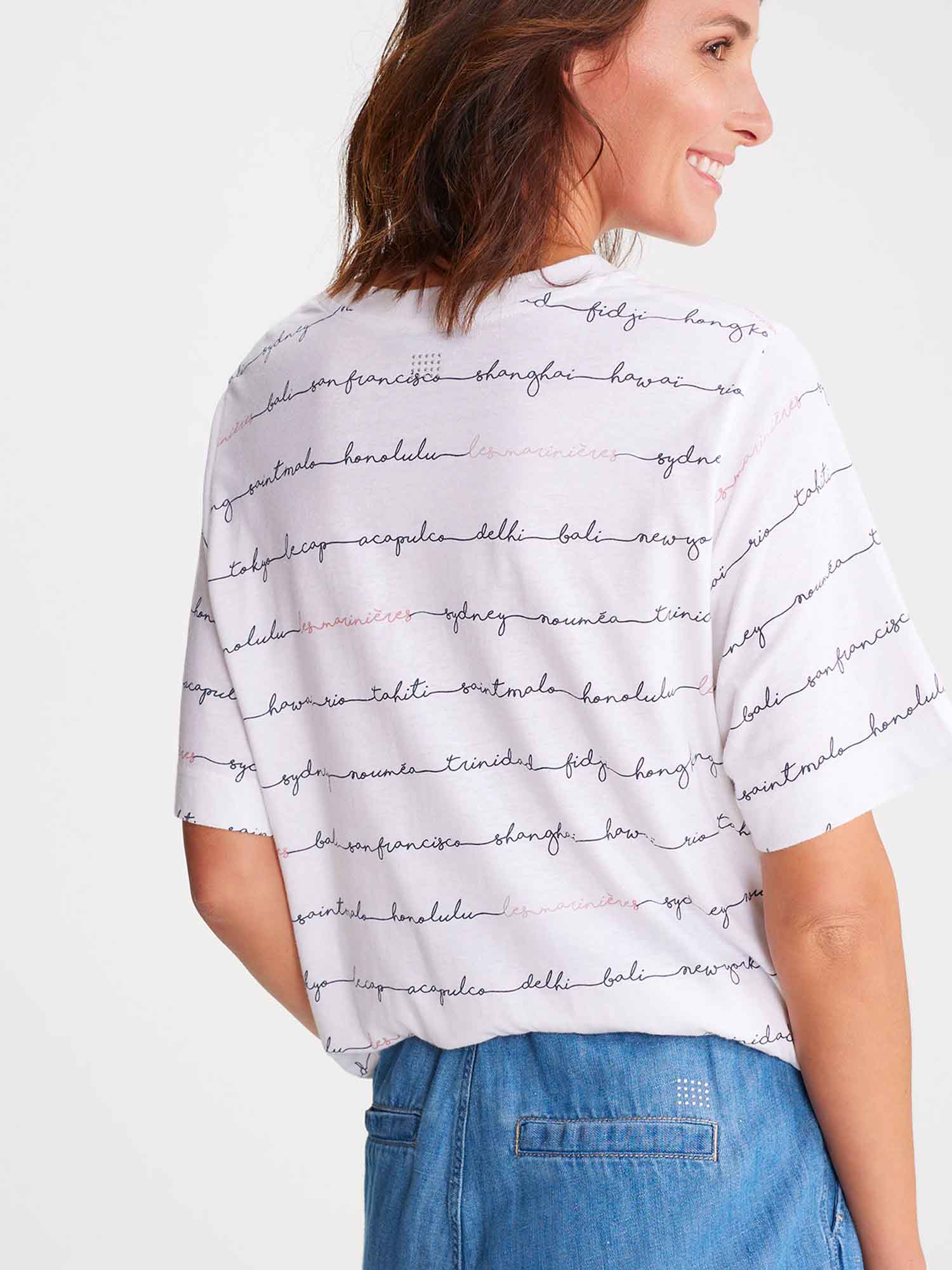 Tee-Shirt Femme en Lin Blanc et Bleu