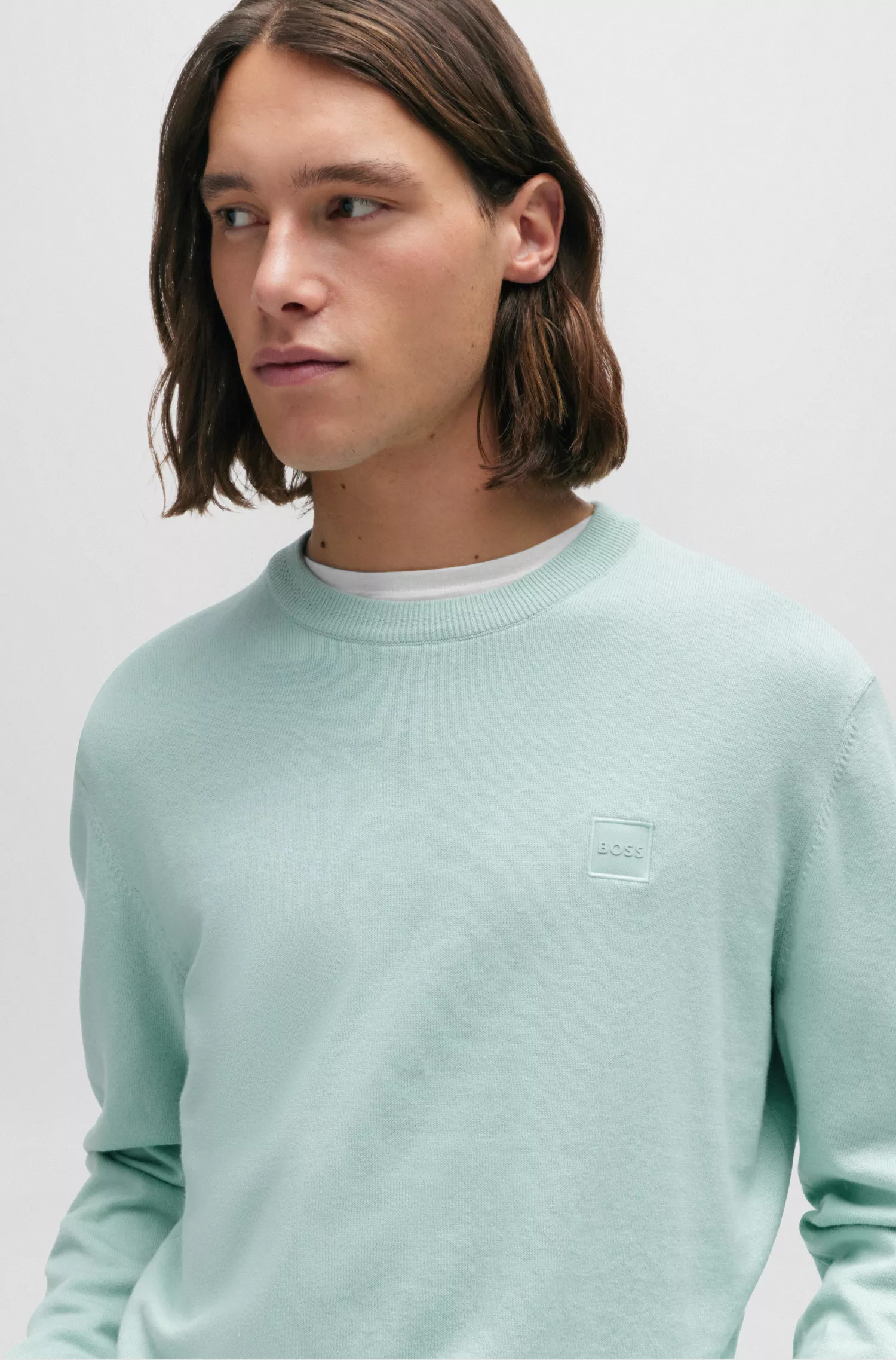 Suéter BOSS laranja de gola redonda em algodão e cashmere com logotipo.