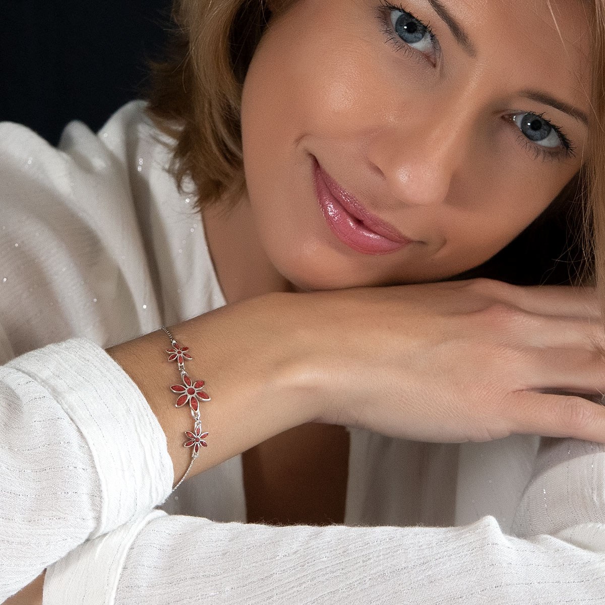 Bracelet ADEN réglable Corail 3 fleurs Argent massif 925 millième