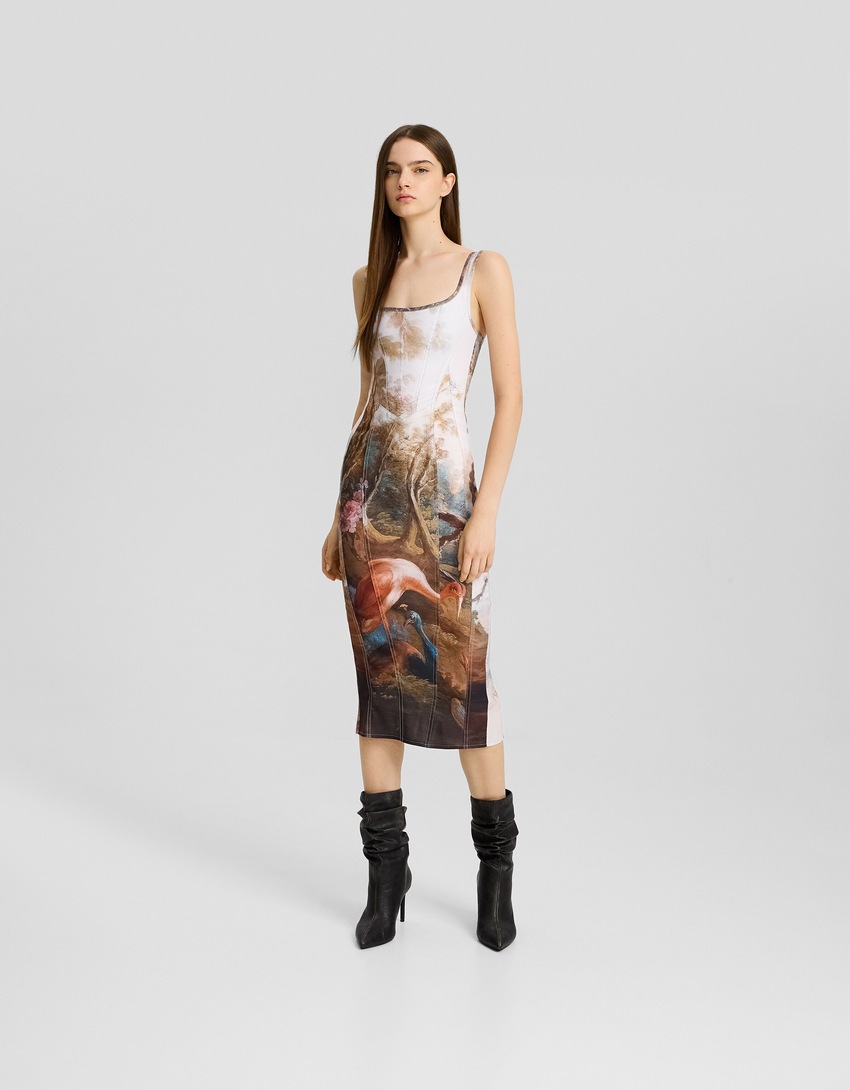 Vestido midi estampado com alças finas
