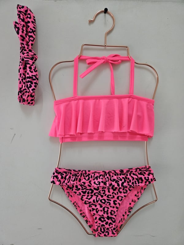 Leopard bikini & Headband - neon roze