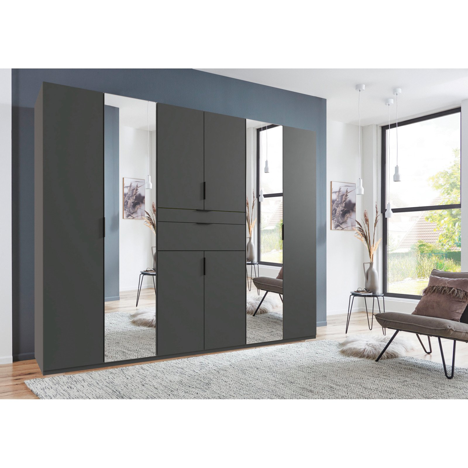 Drehtürenschrank Eliana, Dekor Graphit, 270 x 208 x 58 cm, mit Spiegel