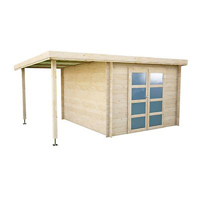 Abri de jardin + pergola Skara en bois coloris naturel ép.28 mm surface extérieure 10,65 + 5,51 m²