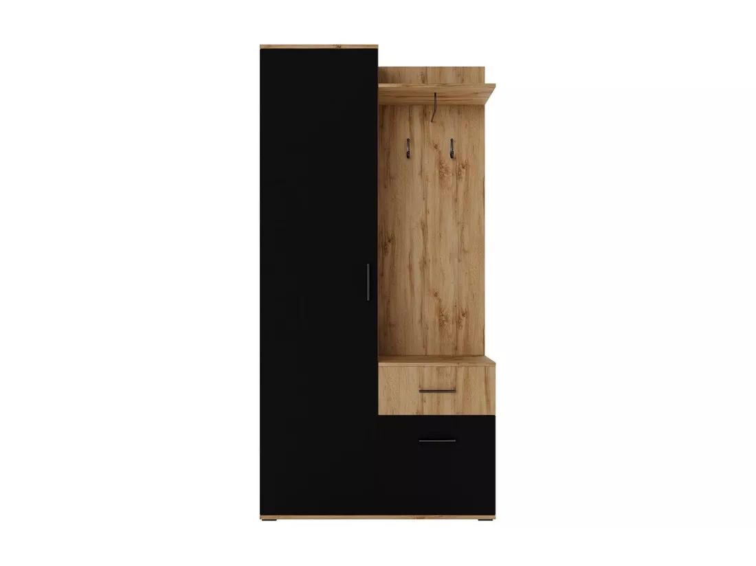 Meuble d'entrée Stanton 141, 195x97x28cm, Noir|Chêne wotan, Stratifié, À poser