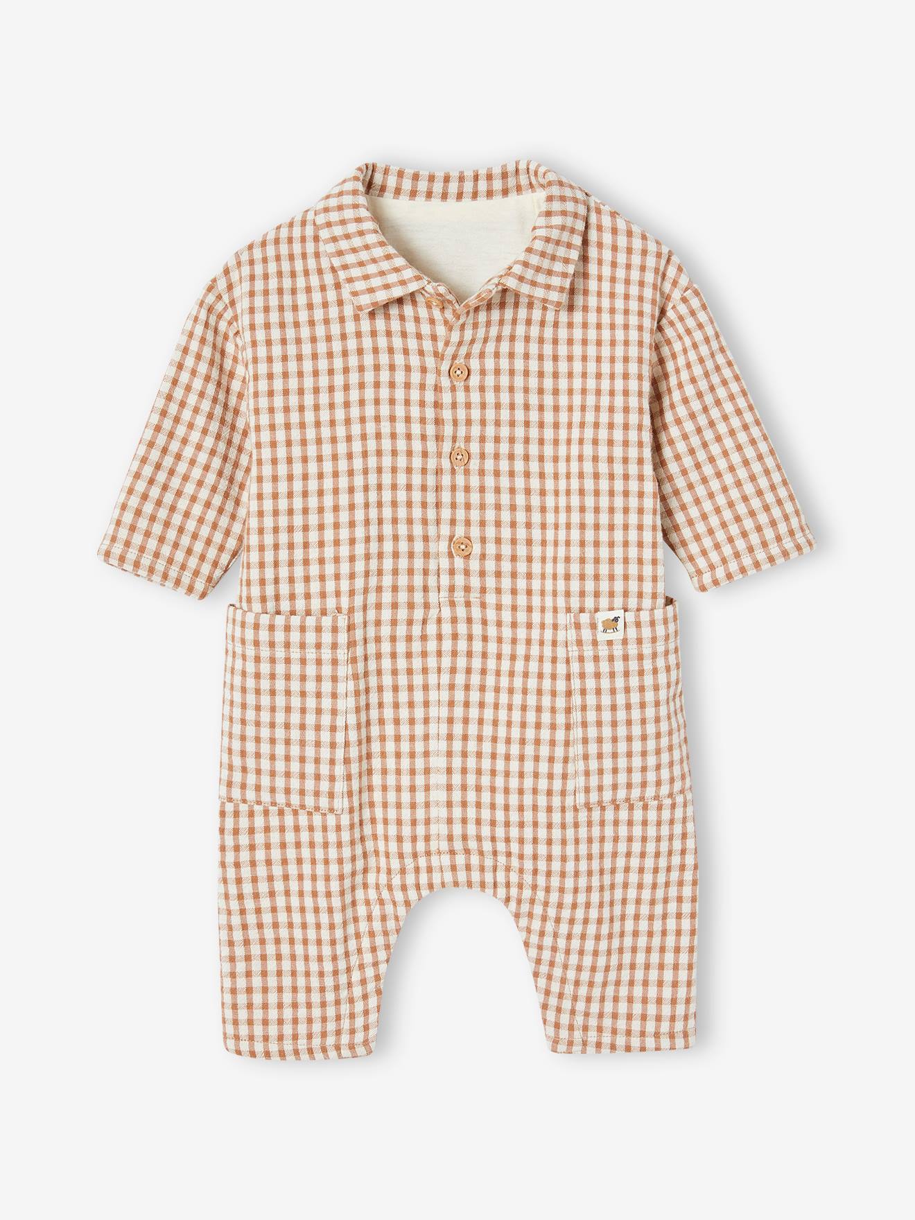 Macacão de chiffon de algodão com forro para bebê, xadrez marrom.