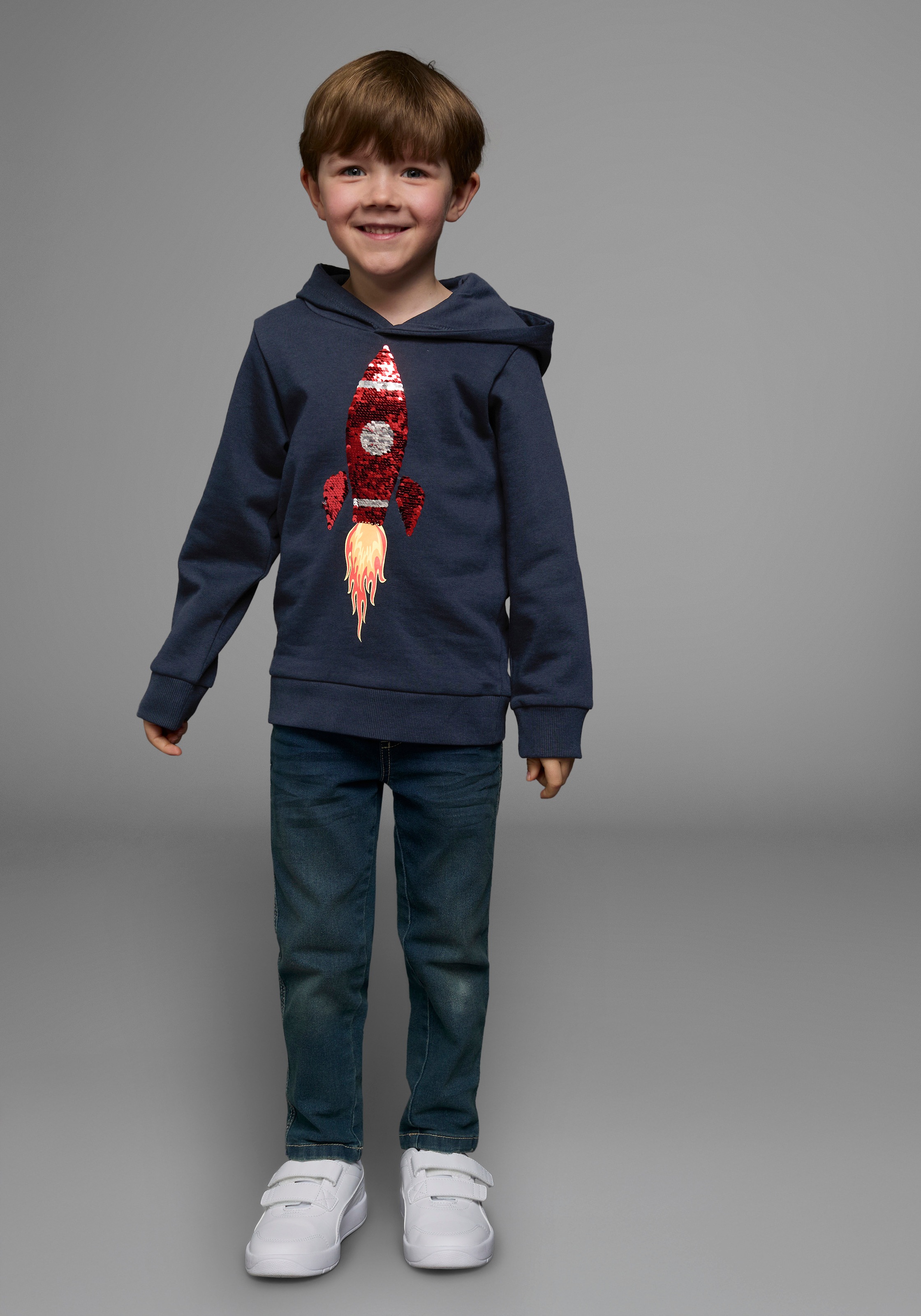 KIDSWORLD Kapuzensweatshirt »Rakete - Wendepaillette«, lange Ärmel,  Basic-Passform,  aus Baumwolle,  mit Rippbündchen