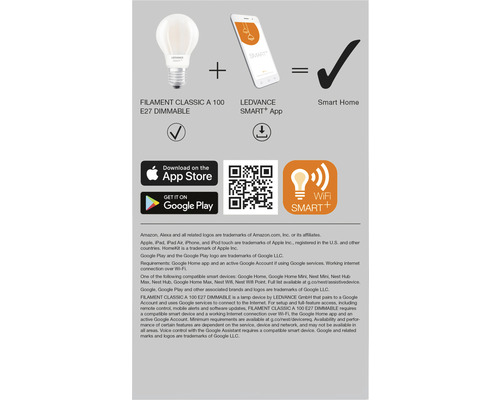 Ledvance Smart WIFI Filament Classic LED-lamp, dimbaar, A67 E27/11W (100W), mat, 1521 lm, 2700 K warm wit