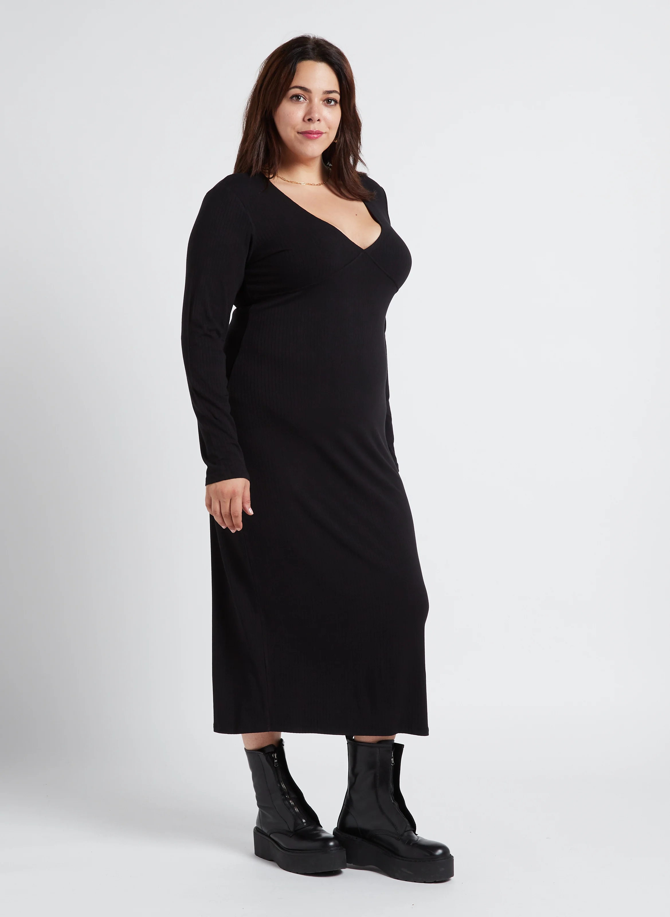 Robe longue col V| Noir