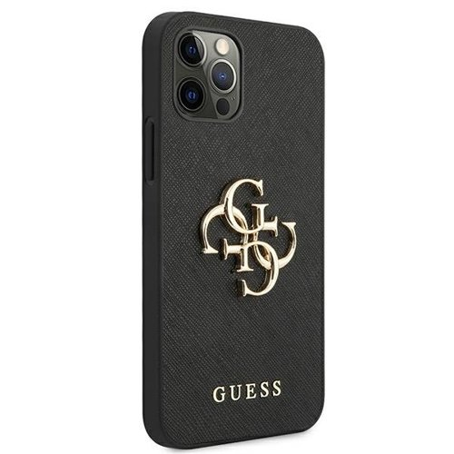 iPhone 12 / iPhone 12 Pro Leder Saffiano Hardcase Hülle Metall Logo (GUHCP12MSA4GGBK) - Schwarz / Gold