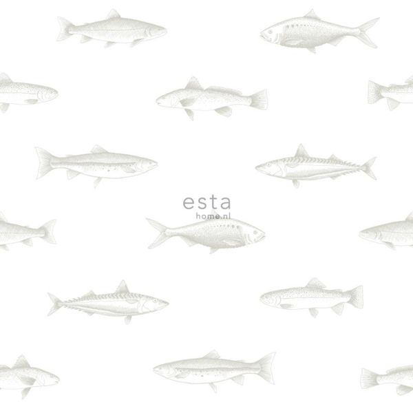 Estahome Pentekening Vissen Behang - 0,53 x 10,05 m - Wit / Zwart