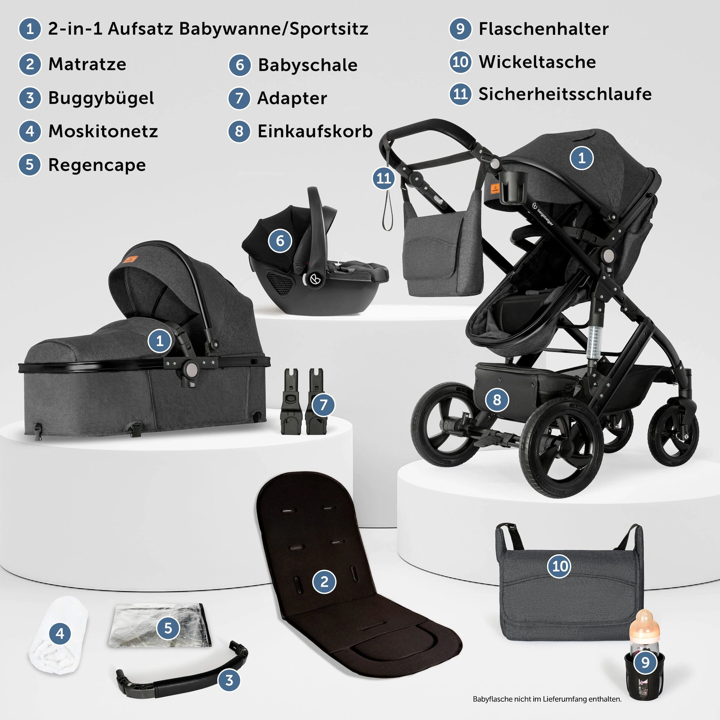 Bergsteiger Kinderwagen Nizza + Babyschale grey | Gestell: black