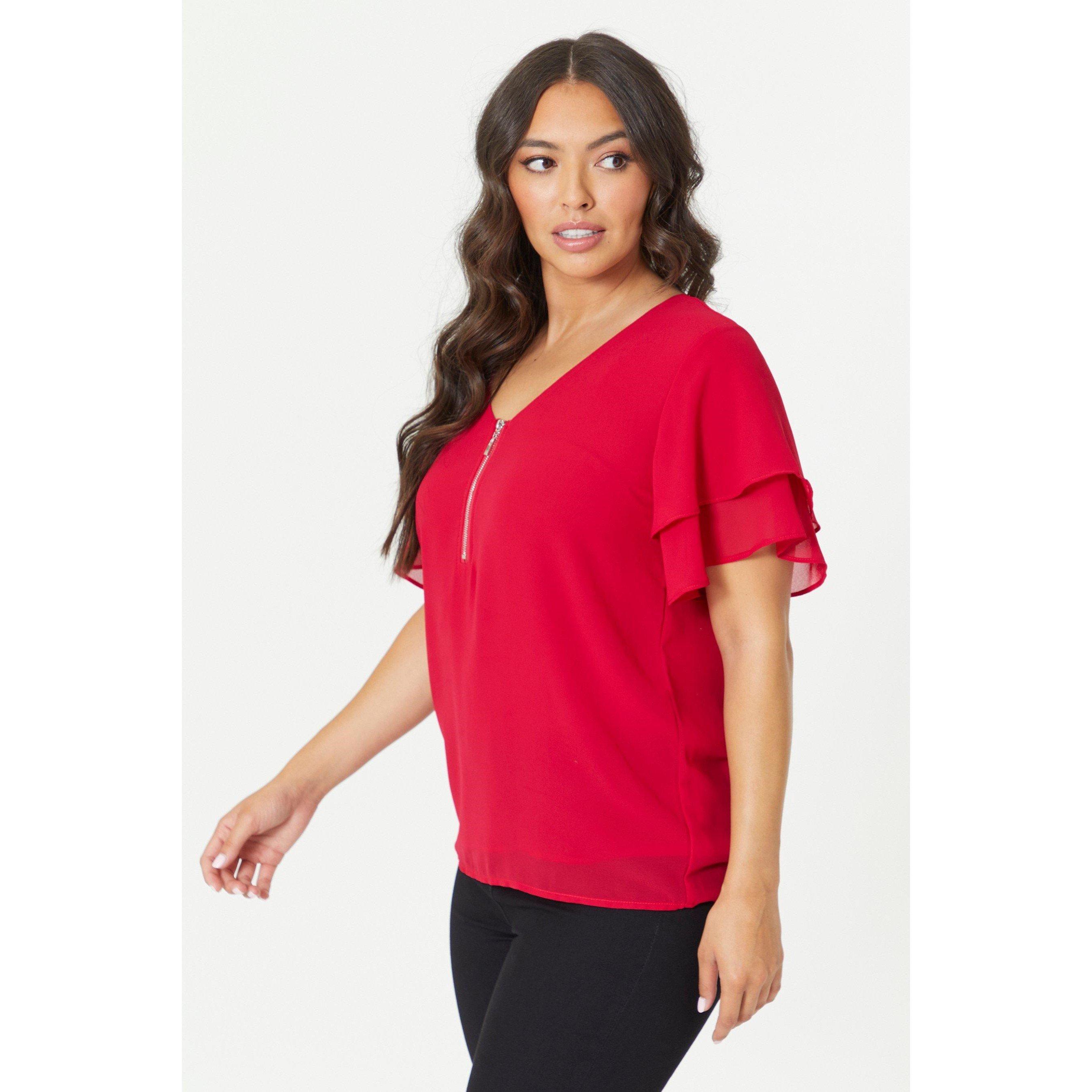 Be You Ladies Flutter Sleeve Zip Chiffon Top