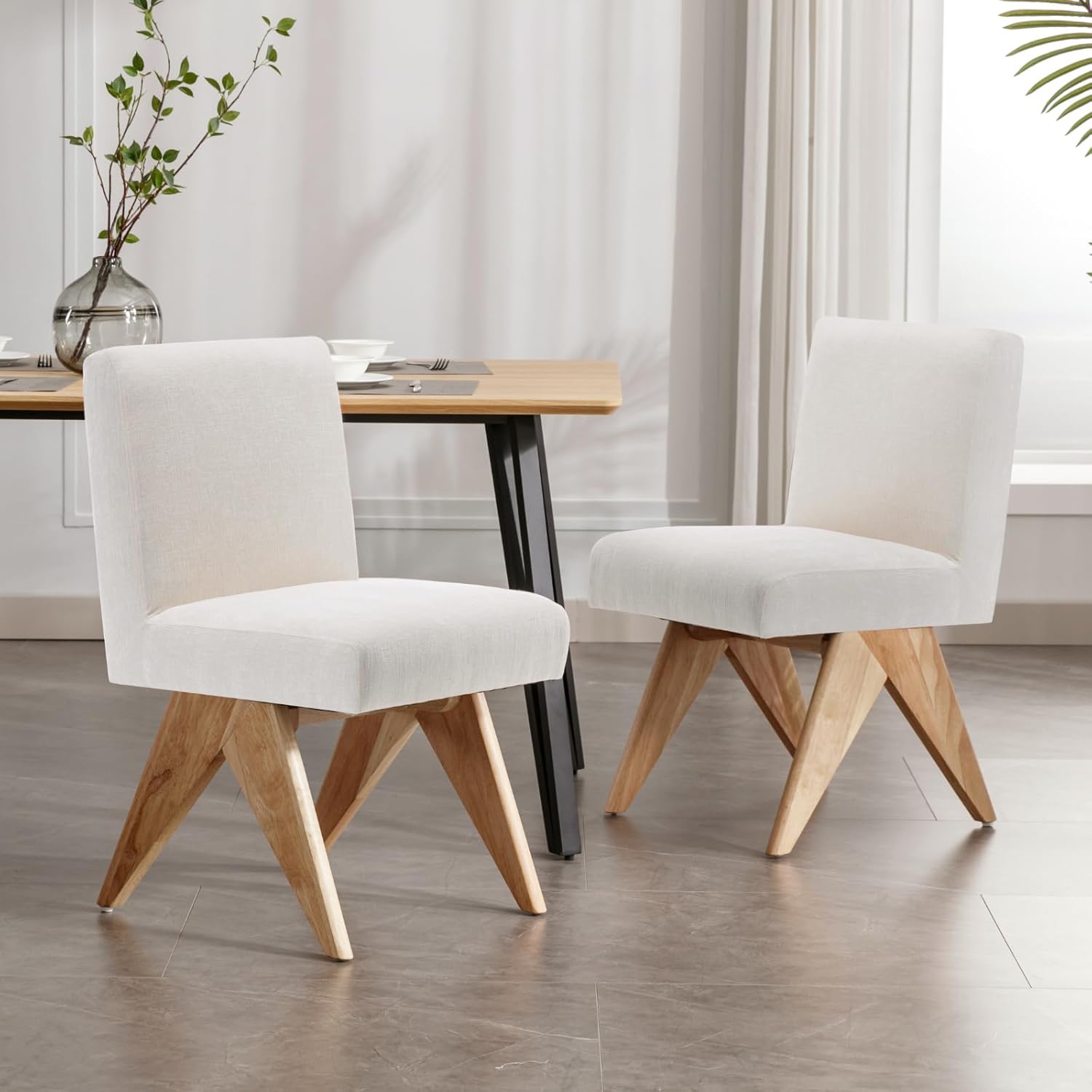 chairus Küche Esszimmerstühle 2er Set Vintage Küchenstühle aus Chenille Armlose Polsterstühle Akzentstühle mit Holzbeinen für Esszimmer Wohnzimmer (Beige-2)