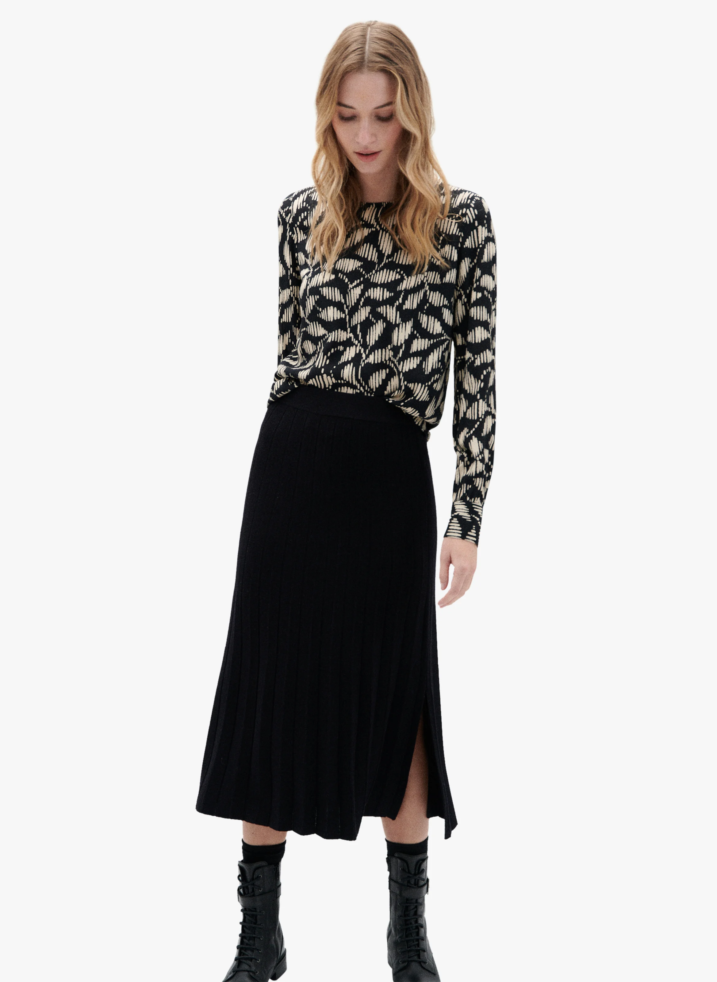 LENA - Blouse col rond droit imprimé | Noir