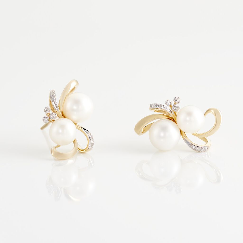 Boucles D'oreilles Puces Wandula Or Jaune Perle De Culture Et Diamant