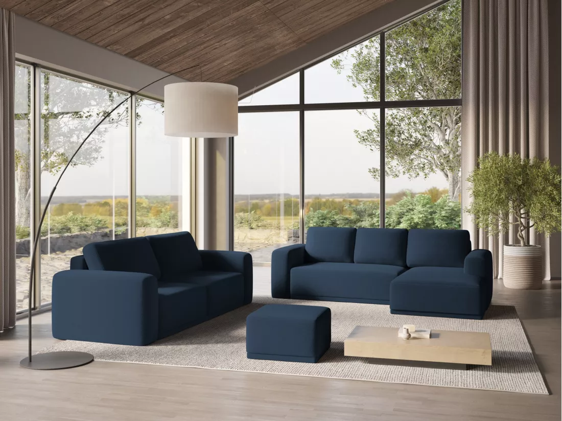 Canapé d'angle panoramique convertible en tissu chenille - bleu royal - KAILA