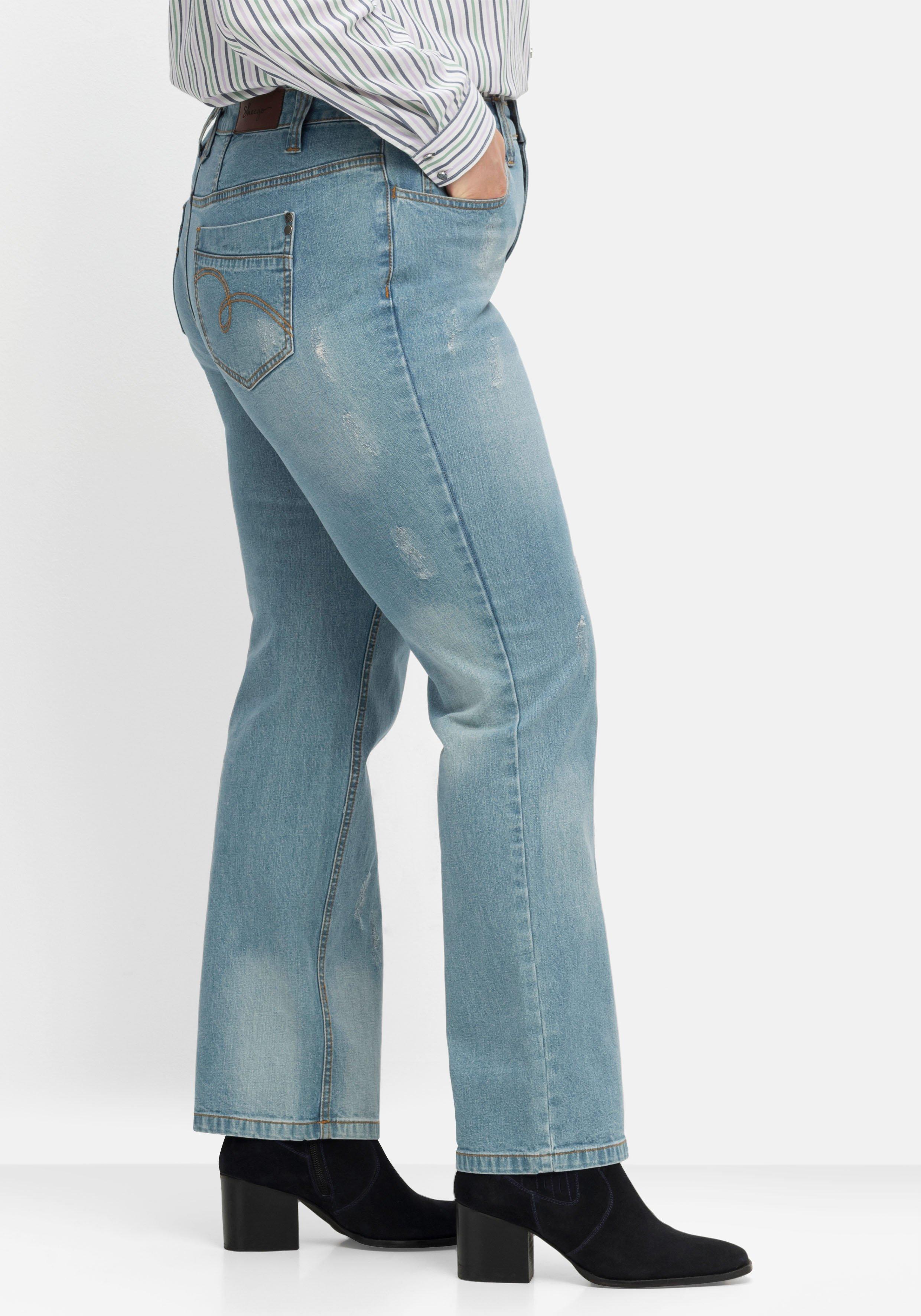 Gerade Jeans mit Destroyed-Effekten und Catfaces