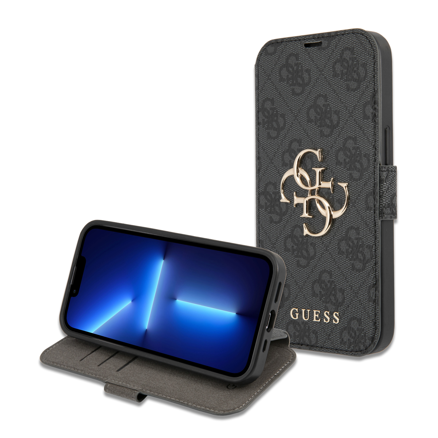 iPhone 13 Pro Leder Tasche mit Metall Logo (GUBKP13L4GMGGR) - Grau