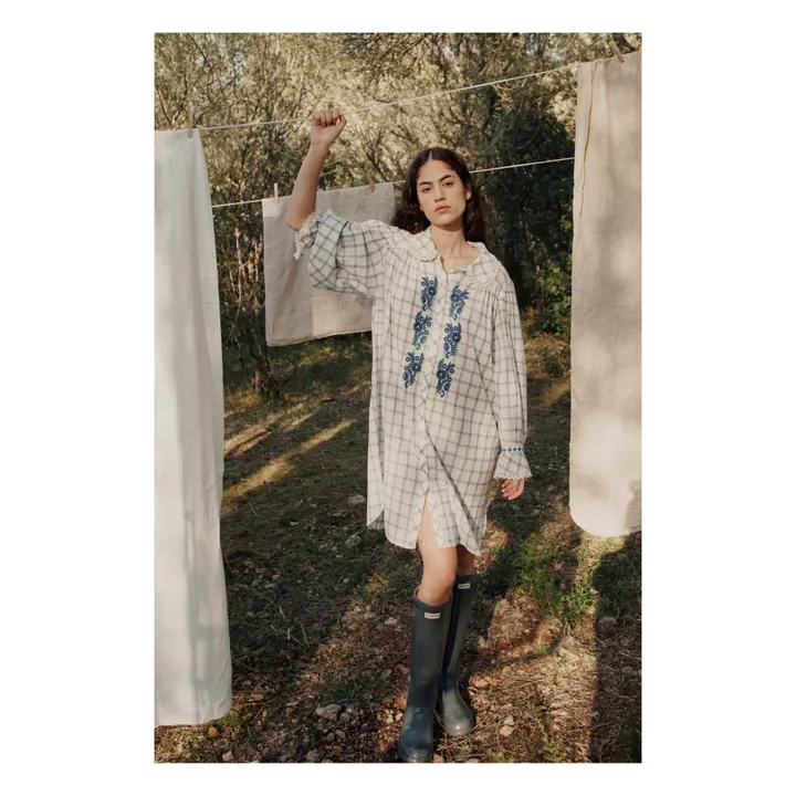 Louise Misha Robe Nilan Carreaux Coton Bio et Lin - Collection Femme | Bleu
