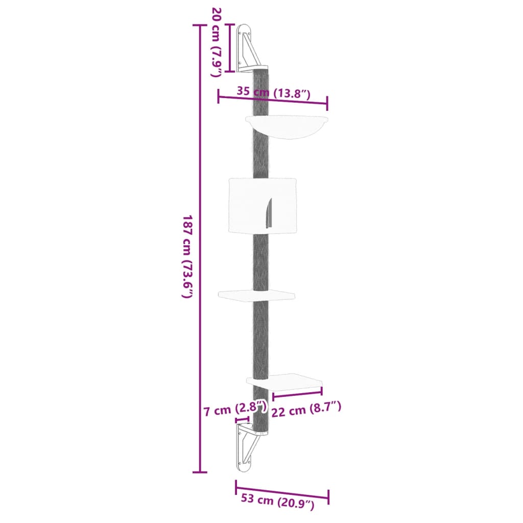 Arranhador de parede para gatos vidaXL, cinza claro, 187 cm