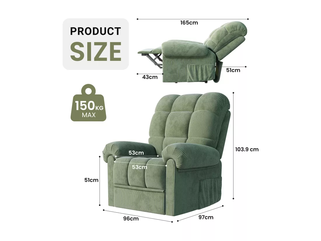 Fauteuil Relax Fauteuil électrique en Velours Côtelé,Fauteuil à loisirs Réglable avec USB,Dossier Réglable,Anti-statique avec Repose Pieds - 96x97x104cm Vert