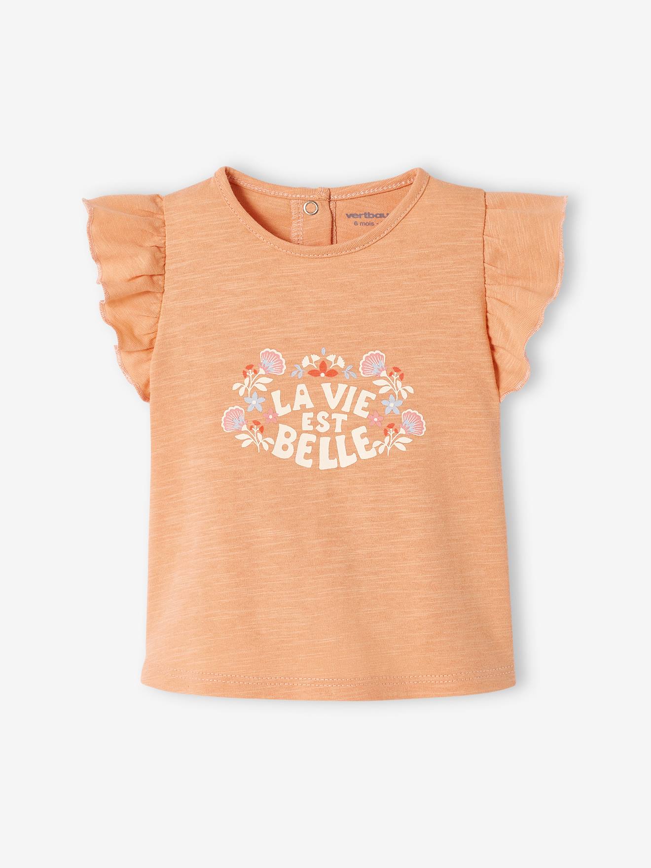 Camiseta laranja para bebê com mangas franzidas.
