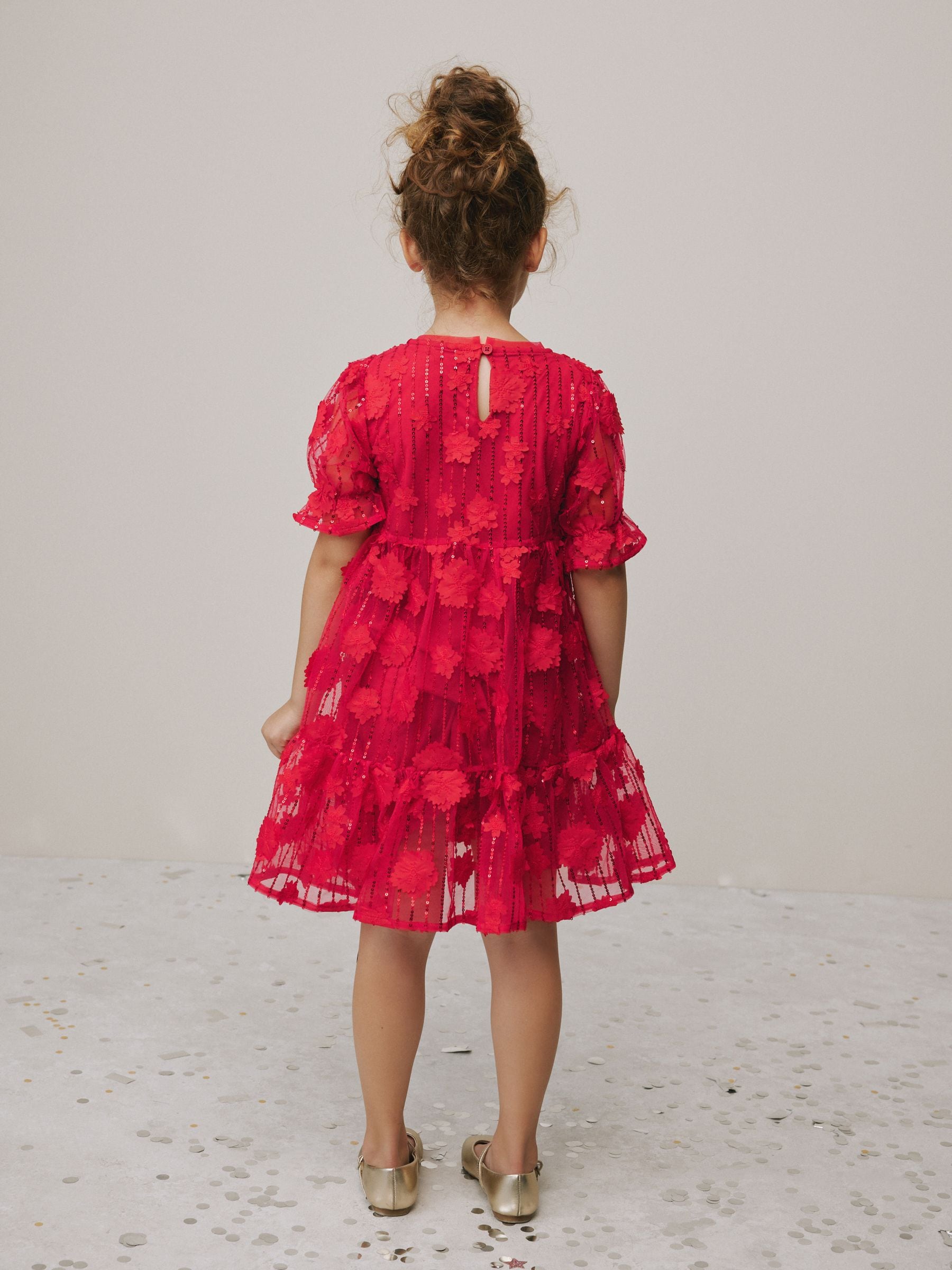Rood - Mesh bloemen pailletten feestelijke jurkjes (3-16jaar)