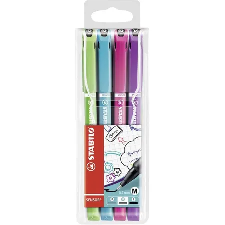 Fineliner mit gefederter Spitze - STABILO SENSOR M - medium - 4er Pack - hellgrün, türkis, pink, lila