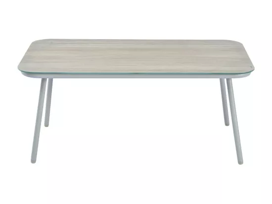Salon de jardin 7 places, avec Matelas 8cm et oreiller, table basse avec verre durci grain de bois, Beige