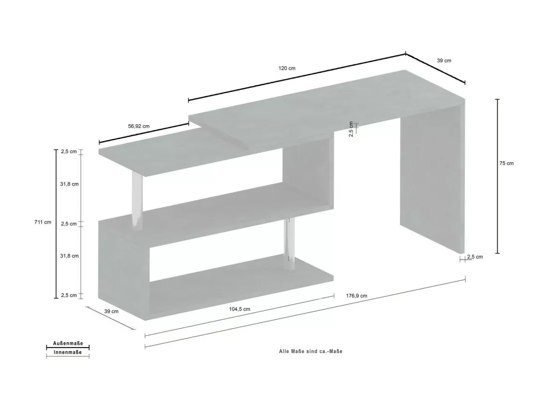 Bureau Candido, Bureau PC d'angle, Table de bureau polyvalente, Bureau multi-positions gain de place, 100% Made in Italy, 120x50h75 cm, Blanc brillant