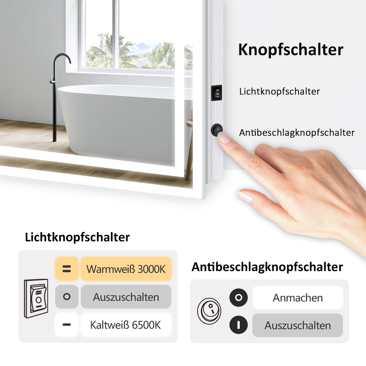 EMKE Badkamerspiegel met verlichting, LED-spiegel met schakelaar, anti-condens, 120 x 60 cm, koud wit/warm wit