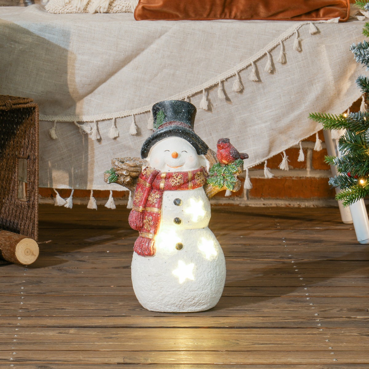 HOMCOM Kerstdecoratiefiguur, sneeuwpop met sjaals, mutsen en vogels, 38 cm Kerstfiguur met LED-licht, decoratief figuur voor Kerstmis, voor binnen en buiten