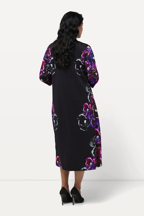 Slinkykleid, Blüten, A-Linie, V-Ausschnitt, 3/4-Arm