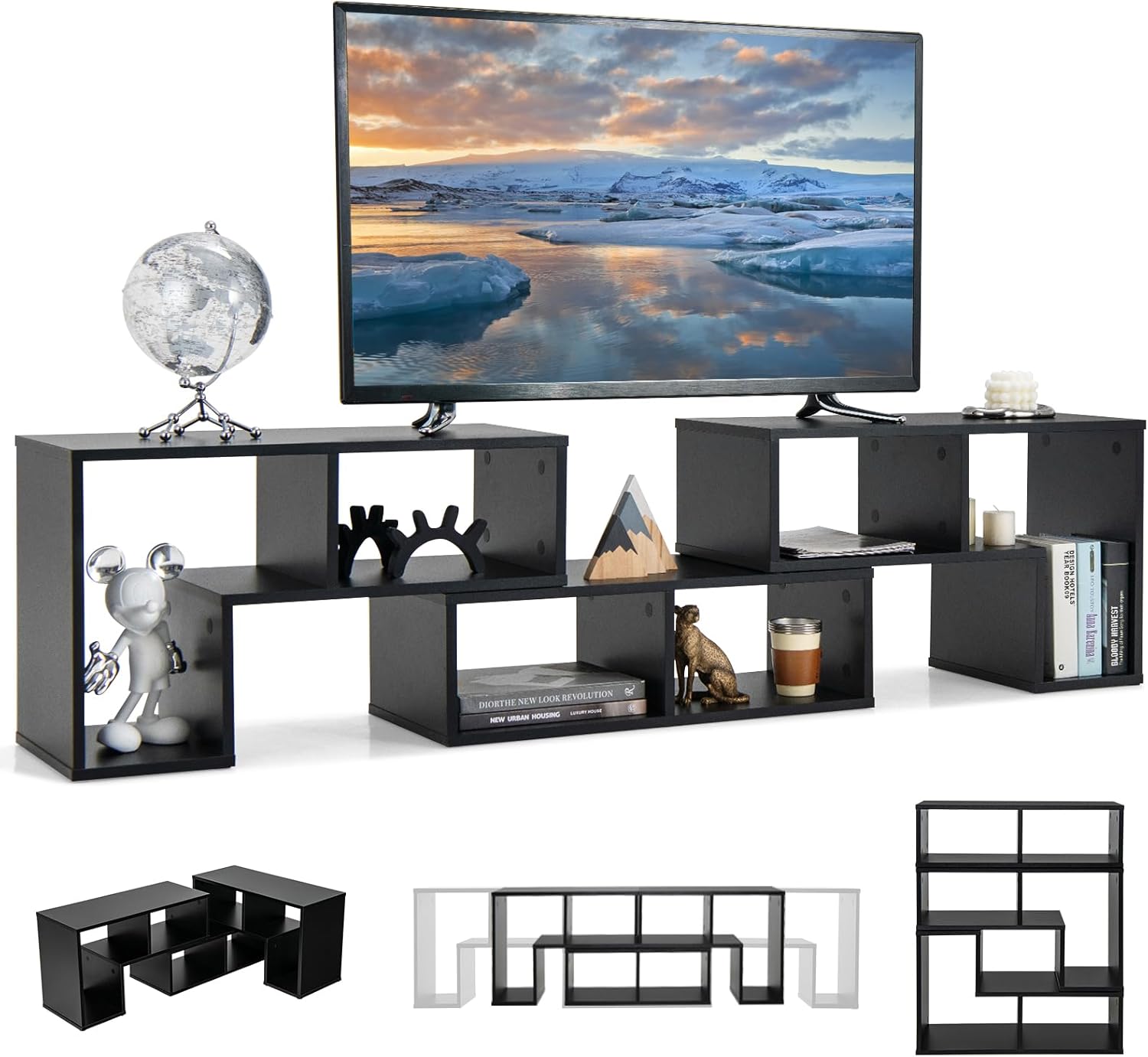 GIANTEX Fernsehschrank TV Schrank frei kombinierbar, Fernseher Regal Holz 180x30x43 cm, Sideboard TV Board Lowboard modular 3 teilig, Fernseher Schrank Fernsehtisch für 65 Zoll Fernseher, Schwarz WJ0932750