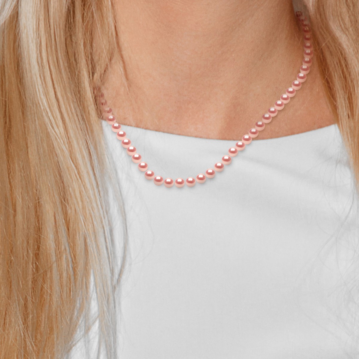 Collier Rang de Perles d'Eau Douce Rose Naturel 6-7 mm Anneau Marin Argent 925 Longueur 45 cm