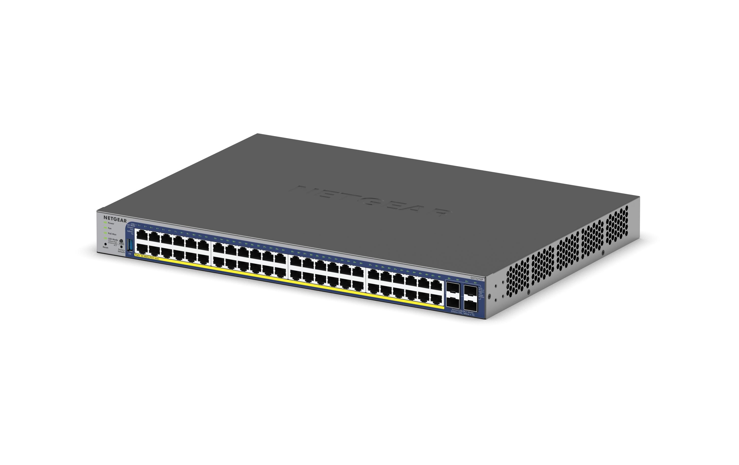 PoE+ Switch GS752TXPv3 52 Port<br>Hochleistungsfähiger 48-Port Gigabit PoE+ Switch mit 4 10G SFP+ Ports und fortschrittlichen Netzwerksicherheitsfunktionen