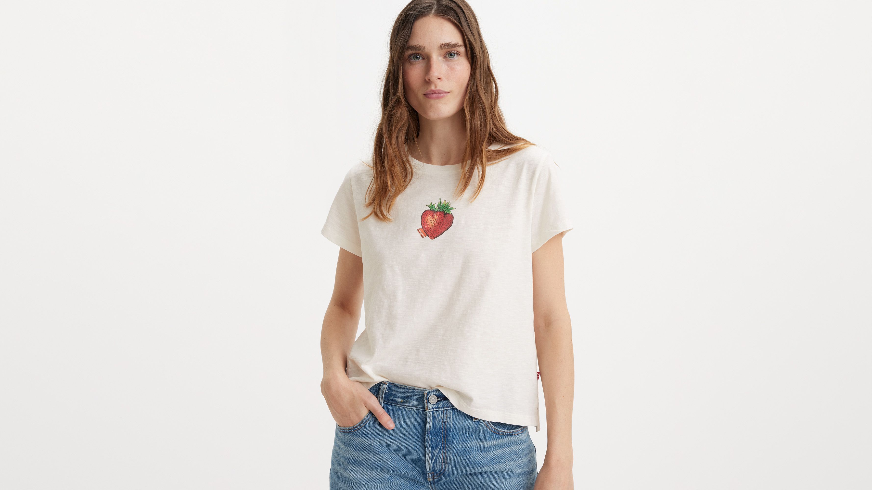 T-shirt graphique Boxy - Strawberry Tab Egret - Blanc
