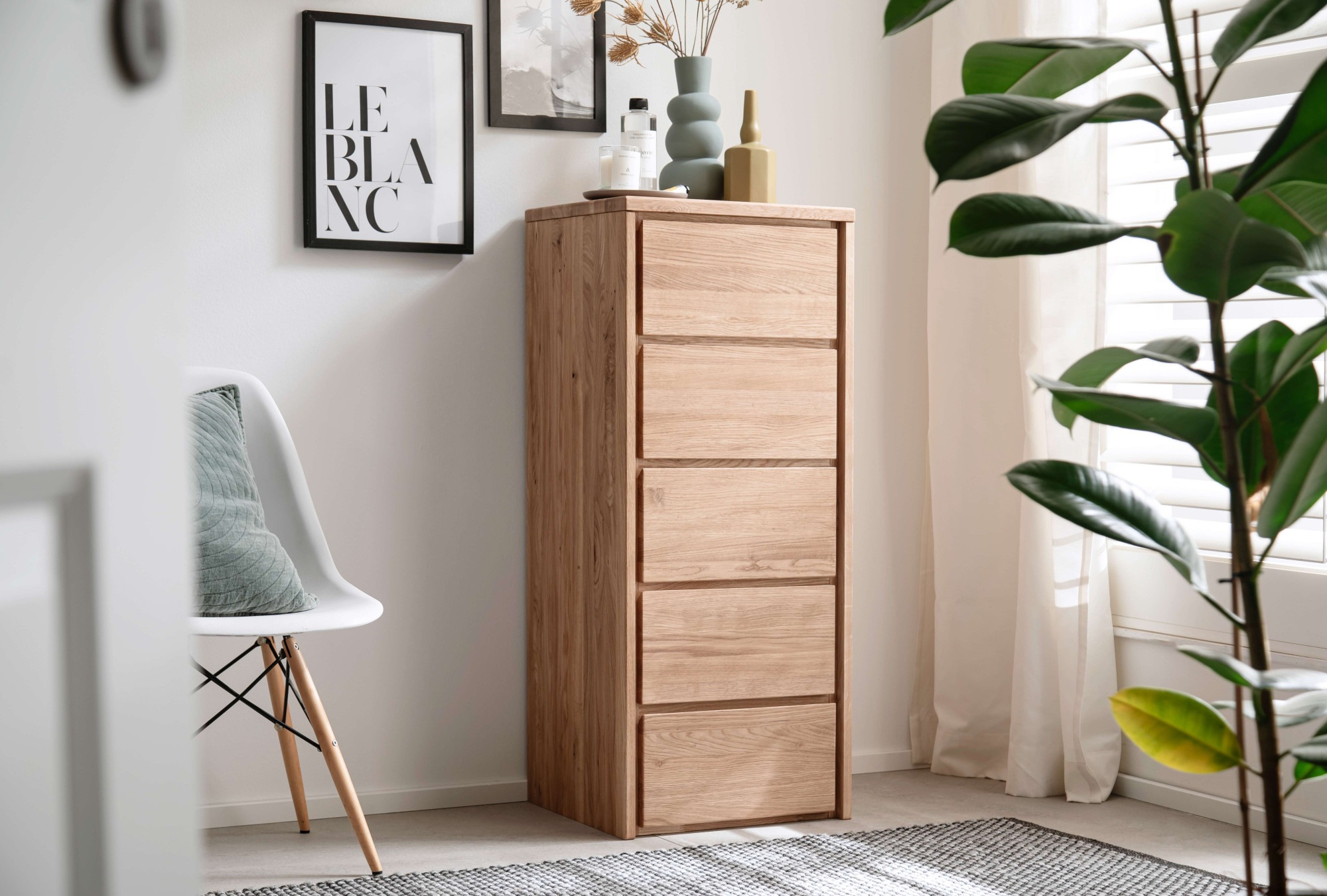 Home affaire Schubkastenkommode »Zetra Hochkommode, 5 Schubladen/1 Tür mit Soft-Close-Function« Fertig montiert, Eiche Massivholz, Breite 47 cm